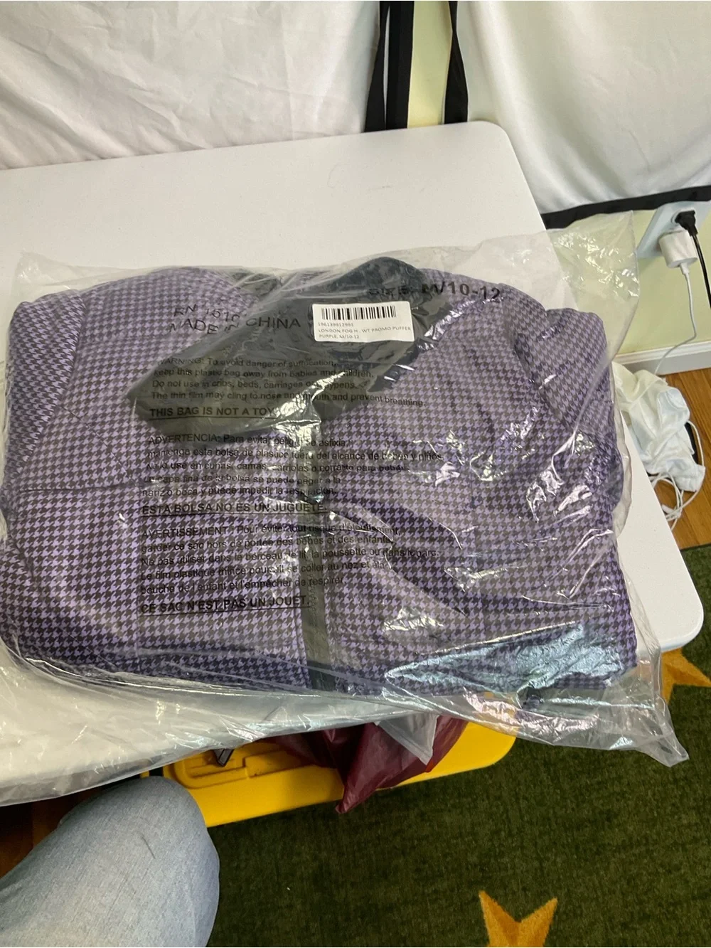 London Fog Girls Purple Houndstooth Puffer Coat with Faux Fur Hood and Beanie